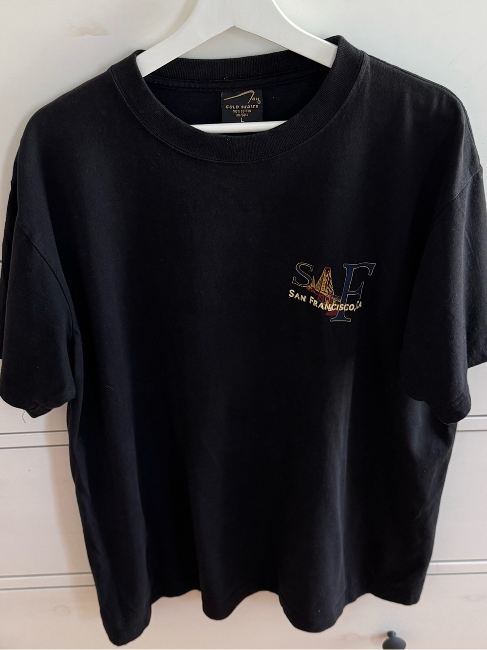 Gold Series men’s San Francisco Black Logo 100% cotton graphic T-Shirt, size L